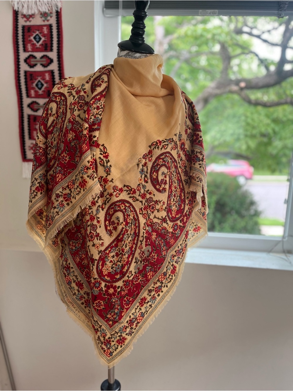Ellen Tracy Elegant Paisley Fringe Throw Shawl - mustard and Red